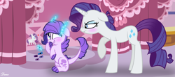 Size: 3674x1632 | Tagged: safe, artist:fadeddana, imported from derpibooru, rarity, oc, oc:crystal clarity, dracony, hybrid, pony, unicorn, kilalaverse, caught, crayon, drawing, duo, female, interspecies offspring, mother and child, mother and daughter, offspring, parent:rarity, parent:spike, parents:sparity