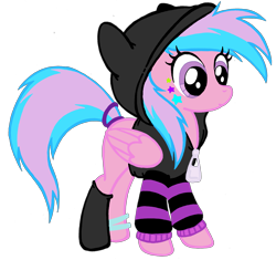 Size: 2523x2373 | Tagged: safe, artist:telasra, imported from derpibooru, oc, oc only, pegasus, pony, bracelet, clothes, female, high res, hoodie, jewelry, mare, pegasus oc, ring, simple background, smiling, solo, tail, tail ring, tattoo, transparent background, wings
