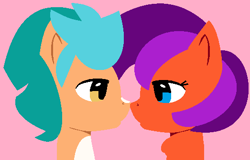 Size: 523x334 | Tagged: safe, artist:jadeharmony, artist:swaggykittycat, imported from derpibooru, hitch trailblazer, oc, oc:jade harmony, earth pony, pegasus, pony, base used, boop, canon x oc, female, g5, looking at each other, male, mare, markings, noseboop, pink background, simple background, stallion, straight
