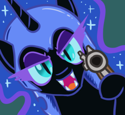 Size: 303x280 | Tagged: safe, artist:jargon scott, imported from derpibooru, nightmare moon, alicorn, pony, close-up, delet this, female, gun, handgun, hi anon, hoof hold, looking at you, mare, meme, pistol, solo