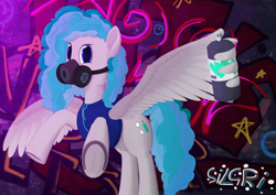 Size: 7016x4961 | Tagged: safe, artist:laykeen, derpibooru exclusive, imported from derpibooru, oc, oc only, oc:silver graffiti, pegasus, pony, clothes, gas mask, graffiti, grey fur, horseshoes, looking at you, mask, neon, solo, spray can, spray paint, sweater, wall, wing hands, wings