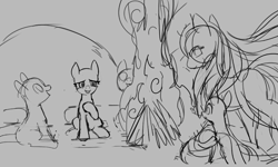 Size: 2758x1658 | Tagged: safe, artist:marbo, oc, oc only, oc:cirrus wisp, earth pony, pony, campfire, female, filly, fire, hoof on chest, mare, monochrome, open mouth, sketch, smiling, snow, snowmare, snowpony (species), taiga pony, unfinished art, yakutian horse