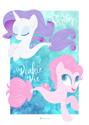 Size: 4624x6472 | Tagged: safe, artist:illumnious, imported from derpibooru, pinkie pie, rarity, earth pony, pony, seapony (g4), unicorn, blue eyes, blue mane, colored pupils, dorsal fin, eyes closed, female, fish tail, flowing mane, flowing tail, horn, open mouth, pink mane, seaponified, seapony pinkie pie, seapony rarity, simple background, smiling, species swap, swimming, tail, underwater, water