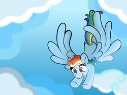 Size: 4000x3000 | Tagged: safe, imported from derpibooru, rainbow dash, cute, dashabetes, flying, rainbow, solo, sunlight, upside