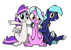 Size: 1343x952 | Tagged: safe, artist:petirep, oc, oc only, oc:blank canvas, oc:hoof beatz, oc:mane event, earth pony, pegasus, pony, unicorn, bronycon, bronycon 2013, ask bronycon ponies 2013, bronycon mascots, earth pony oc, female, group shot, headphones, horn, looking at you, male, mare, pegasus oc, simple background, sitting, smiling, stallion, transparent background, unicorn oc, unshorn fetlocks, wings