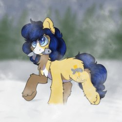 Size: 719x719 | Tagged: safe, artist:bluemoon, imported from ponybooru, oc, oc only, oc:flash reboot, fish, pony, animated, blue eyes, blue mane, blurry background, coat markings, commission, female, forest, gif, mare, mouth hold, race swap, raised hoof, raised leg, snow, snow pony, solo, species swap, taiga pony, tree, yakutian horse, ych result, yellow coat