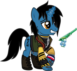 Size: 1317x1217 | Tagged: safe, artist:lightningbolt, derpibooru exclusive, imported from derpibooru, pony, unicorn, .svg available, boots, button, clothes, danger days: the true lives of the fabulous killjoys, frank iero, glow, glowing horn, grin, gun, horn, horn piercing, jacket, jewelry, lidded eyes, male, my chemical romance, necklace, piercing, ponified, raised hoof, ray gun, shirt, shoes, simple background, smiling, solo, stallion, svg, t-shirt, tattoo, transparent background, undershirt, vector, vest, weapon, wristband, zipper