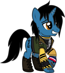 Size: 1078x1217 | Tagged: safe, artist:lightningbolt, derpibooru exclusive, imported from derpibooru, pony, unicorn, .svg available, boots, button, clothes, danger days: the true lives of the fabulous killjoys, frank iero, grin, horn, horn piercing, jacket, jewelry, lidded eyes, male, my chemical romance, necklace, piercing, ponified, raised hoof, shirt, shoes, simple background, smiling, solo, stallion, svg, t-shirt, tattoo, transparent background, undershirt, vector, vest, wristband, zipper