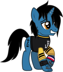 Size: 1078x1217 | Tagged: safe, artist:lightningbolt, derpibooru exclusive, imported from derpibooru, pony, unicorn, .svg available, clothes, danger days: the true lives of the fabulous killjoys, frank iero, grin, horn, horn piercing, lidded eyes, male, my chemical romance, piercing, ponified, raised hoof, shirt, simple background, smiling, solo, stallion, svg, t-shirt, tattoo, transparent background, vector, wristband