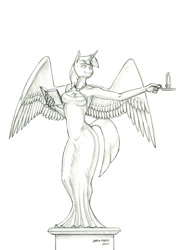 Size: 1000x1321 | Tagged: safe, artist:baron engel, imported from derpibooru, twilight sparkle, alicorn, anthro, book, clothes, dress, female, mare, monochrome, pencil drawing, solo, statue, traditional art, twilight sparkle (alicorn)