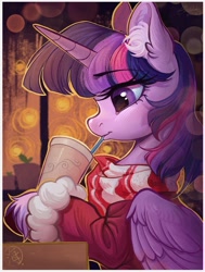 Size: 1656x2192 | Tagged: safe, artist:paipaishuaige, imported from derpibooru, twilight sparkle, alicorn, pony, clothes, coffee, drink, drinking, drinking straw, ear fluff, female, mare, profile, scarf, solo, straw, sweater, twilight sparkle (alicorn), unshorn fetlocks