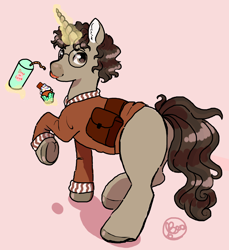 Size: 1966x2145 | Tagged: safe, artist:69beas, imported from derpibooru, oc, oc only, pony, unicorn, bag, coffee, cupcake, digital art, food, looking back, magic, magic aura, male, saddle bag, simple background, sketch, solo, stallion, tongue out, walking