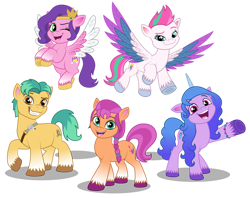 Size: 1280x1016 | Tagged: safe, artist:aleximusprime, imported from derpibooru, hitch trailblazer, izzy moonbow, pipp petals, sunny starscout, zipp storm, earth pony, pegasus, pony, unicorn, badge, colored, female, flat colors, g5, jewelry, male, male and female, mane five (g5), mare, my little pony: a new generation, pigtails, simple background, stallion, tiara, transparent background