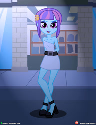 Size: 3090x4000 | Tagged: safe, artist:dieart77, imported from derpibooru, sunny flare, equestria girls, arm behind back, bare shoulders, belt, clothes, commission, dress, female, high heels, looking at you, open mouth, shoes, sleeveless, sleeveless dress, solo, strapless