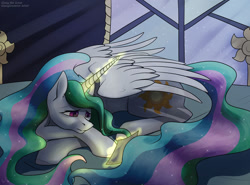 Size: 1280x949 | Tagged: safe, artist:glassygreatart, imported from derpibooru, princess celestia, alicorn, pony, bed, female, implied princess luna, magic, mare, night, paper, sad, sadlestia, solo, telekinesis, window