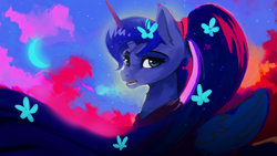 Size: 1920x1080 | Tagged: safe, artist:hierozaki, imported from derpibooru, princess luna, alicorn, pony, female, flower, flower in hair, mare, moon, night, solo, stars