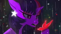 Size: 1920x1080 | Tagged: safe, artist:hierozaki, imported from derpibooru, twilight sparkle, butterfly, pony, rain, solo