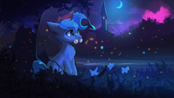 Size: 1920x1080 | Tagged: safe, artist:hierozaki, imported from derpibooru, oc, oc only, oc:blue chewings, earth pony, pony, chest fluff, flower, moon, solo, stars, tree