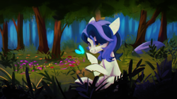 Size: 1920x1080 | Tagged: safe, artist:hierozaki, imported from derpibooru, oc, oc only, oc:misty breeze, butterfly, earth pony, pony, floppy ears, flower, forest, grass, looking at something, rock, solo, tree, two toned mane, white coat, yellow eyes