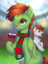 Size: 1648x2175 | Tagged: safe, artist:megabait, imported from derpibooru, oc, pony, clothes, flag, football, inktober, inktober2021, russia, scarf, spirit, sports, stadium