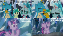 Size: 1280x720 | Tagged: safe, edit, edited screencap, editor:quoterific, imported from derpibooru, screencap, gallus, ocellus, sandbar, tree of harmony, alicorn, changeling, earth pony, griffon, pony, season 8, what lies beneath, eyes closed, female, floppy ears, male, mare, open mouth, spread wings, treelight sparkle, wings