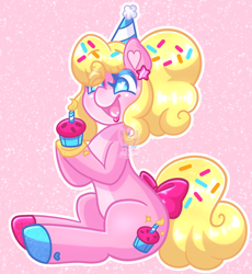 Size: 1338x1452 | Tagged: safe, artist:confetti-bunni, imported from derpibooru, oc, oc only, oc:sugar sprinkles, earth pony, pony, bow, cupcake, ear piercing, earring, food, hat, jewelry, multicolored hooves, party, party hat, piercing, pink, ponytail, solo, sprinkles