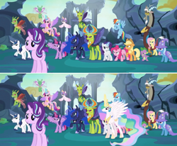 Size: 824x678 | Tagged: safe, composite screencap, edit, edited screencap, imported from derpibooru, screencap, applejack, discord, fluttershy, pinkie pie, princess cadance, princess celestia, princess flurry heart, princess luna, rainbow dash, rarity, shining armor, spike, starlight glimmer, thorax, trixie, twilight sparkle, alicorn, changedling, changeling, draconequus, earth pony, pegasus, pony, unicorn, season 6, to where and back again, alicorn pentarchy, angry, animation error, comparison, glare, glowing, glowing horn, group shot, horn, king thorax, mane seven, mane six, panorama, reformed four, spread wings, twilight sparkle (alicorn), wings