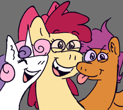 Size: 1280x1143 | Tagged: safe, artist:tezzbot, imported from derpibooru, apple bloom, scootaloo, sweetie belle, earth pony, pegasus, pony, unicorn, cutie mark crusaders, eyes closed, gray background, simple background, smiling, tongue out, tooth gap, trio