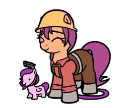 Size: 582x507 | Tagged: safe, artist:neuro, imported from derpibooru, pipp petals, sunny starscout, earth pony, pegasus, pony, adorapipp, clothes, cute, duo, duo female, engineer, eyes closed, female, g5, gun, handgun, hard hat, hat, mare, my little pony: a new generation, overalls, pipp is short, pistol, simple background, smol, sunnybetes, team fortress 2, transparent background, weapon