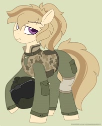 Size: 1500x1850 | Tagged: safe, artist:crimmharmony, imported from derpibooru, oc, oc only, oc:para, earth pony, pony, camouflage, clothes, helmet, military, military uniform, simple background, soldier, solo, two toned mane, uniform