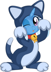 Size: 5648x7947 | Tagged: safe, artist:cyanlightning, imported from derpibooru, trixie, pony, unicorn, .svg available, ;p, absurd resolution, animal costume, bell, bell collar, cat costume, clothes, collar, costume, cute, diatrixes, female, filly, looking at you, one eye closed, simple background, solo, tongue out, transparent background, vector, wink, younger