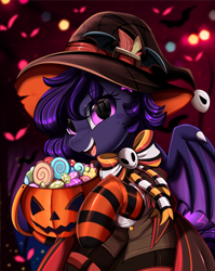 Size: 2550x3209 | Tagged: safe, artist:pridark, imported from derpibooru, part of a set, oc, oc only, pegasus, pony, bucket, candy, clothes, commission, costume, female, food, halloween, hat, high res, holiday, jack-o-lantern, mare, open mouth, part of a series, pegasus oc, pumpkin, pumpkin bucket, purple eyes, socks, solo, striped socks, witch hat, ych result