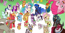 Size: 3922x2000 | Tagged: safe, artist:saturdaymorningproj, imported from derpibooru, applejack, big macintosh, carrot cake, cheerilee, coco pommel, cup cake, daring do, diamond tiara, discord, fluttershy, granny smith, king sombra, lord tirek, mayor mare, pinkie pie, princess cadance, princess celestia, princess flurry heart, princess luna, queen chrysalis, rainbow dash, rarity, shining armor, spike, sunburst, sunset shimmer, twilight sparkle, zecora, alicorn, centaur, changeling, changeling queen, draconequus, dragon, earth pony, pegasus, pony, taur, unicorn, zebra, equestria girls, brother and sister, cartoon physics, crown, female, filly, gritted teeth, hair over one eye, high res, hoof shoes, in which pinkie pie forgets how to gravity, jewelry, male, mane seven, mane six, offscreen character, one eye closed, open mouth, pinkie being pinkie, pinkie physics, regalia, royal sisters, siblings, sisters, stallion, twilight sparkle (alicorn)