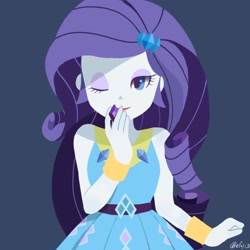 Size: 2048x2048 | Tagged: safe, artist:efuji_d, imported from derpibooru, rarity, equestria girls, blue background, clothes, cute, dress, eyeshadow, female, gem, high res, looking at you, makeup, one eye closed, raribetes, rarity peplum dress, simple background, solo