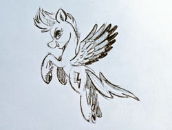 Size: 1024x768 | Tagged: safe, artist:mellodillo, imported from derpibooru, zipp storm, pegasus, pony, female, flying, g5, grayscale, lidded eyes, mare, monochrome, my little pony: a new generation, solo, traditional art