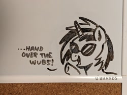 Size: 2048x1536 | Tagged: safe, artist:mellodillo, imported from derpibooru, dj pon-3, vinyl scratch, pony, unicorn, bust, dialogue, female, mare, solo, traditional art, vandalism, whiteboard
