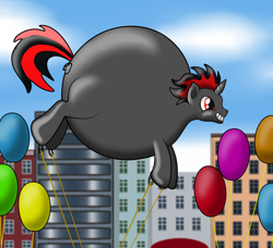 Size: 1244x1136 | Tagged: safe, artist:creatorworld, imported from derpibooru, oc, oc only, oc:bookjangels, balloon pony, inflatable pony, pony, unicorn, air inflation, air nozzle, balloon, belly, big belly, blimp, floating, grin, helium inflation, inanimate tf, inflation, living toy, parade balloon, puffy cheeks, ropes, smiling, solo, spherical inflation, transformation