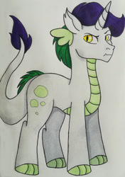 Size: 1280x1816 | Tagged: safe, artist:matbenetti17, imported from derpibooru, oc, oc only, oc:topaz, dracony, hybrid, pony, horn, interspecies offspring, male, offspring, parent:rarity, parent:spike, parents:sparity, solo, traditional art