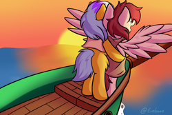 Size: 1024x683 | Tagged: safe, artist:exobass, imported from derpibooru, oc, oc only, oc:argon sunborn, oc:johannes bruttonos, earth pony, pegasus, pony, boat, pegasus oc, solo, sundawn, titanic, water