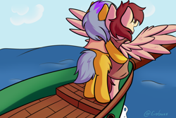 Size: 1024x683 | Tagged: safe, artist:exobass, imported from derpibooru, oc, oc only, oc:argon sunborn, oc:johannes bruttonos, earth pony, pegasus, pony, boat, clothes, earth pony oc, pegasus oc, solo, sundawn, titanic, water