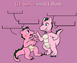 Size: 1601x1310 | Tagged: safe, artist:tarkan809, imported from derpibooru, spike (g1), dragon, barb, barb (g1), blushing, collar, digital art, female, g1, male, r63 paradox, rule 63, simple background, speech bubble, text