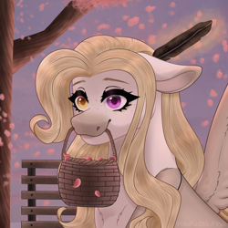 Size: 2000x2000 | Tagged: safe, artist:pokaparida, imported from derpibooru, oc, oc only, oc:cherry blossom, pegasus, pony, basket, female, freckles, heterochromia, high res, leaves, mare, mouth hold, solo, tree