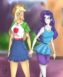 Size: 4750x5800 | Tagged: safe, artist:bidzinha, imported from derpibooru, applejack, rarity, equestria girls, absurd resolution, belt, blushing, bracelet, clothes, denim skirt, ear piercing, earring, eyeshadow, female, freckles, geode of shielding, geode of super strength, hairpin, holding hands, jewelry, legs, lesbian, lipstick, magical geodes, makeup, nail polish, piercing, rarijack, rarity peplum dress, shipping, shirt, skirt, smiling, t-shirt