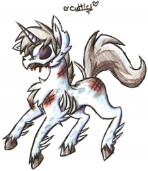 Size: 1337x1542 | Tagged: safe, artist:razinoats, imported from derpibooru, oc, oc only, pony, undead, zombie, zombie pony, bruised, male, solo, stallion, traditional art, unshorn fetlocks