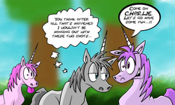 Size: 1500x900 | Tagged: safe, artist:razinoats, imported from derpibooru, oc, oc only, pony, unicorn, :p, charlie the unicorn, horn, lidded eyes, outdoors, thought bubble, tongue out, tree, unamused, unicorn oc