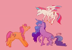 Size: 2048x1424 | Tagged: safe, artist:emyoswald, imported from derpibooru, izzy moonbow, sunny starscout, zipp storm, earth pony, pegasus, pony, unicorn, g5, hoers, my little pony: a new generation, pink background, simple background, trio