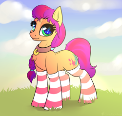 Size: 2097x2000 | Tagged: safe, artist:cornelia_nelson, imported from derpibooru, sunny starscout, earth pony, pony, clothes, collar, cute, female, g5, high res, mare, my little pony: a new generation, smiling, socks, solo, stockings, striped socks, sunnybetes, thigh highs