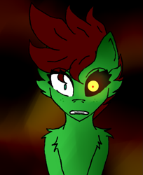 Size: 1057x1297 | Tagged: safe, artist:lucky-em, imported from derpibooru, oc, oc only, oc:emerald, earth pony, pony, abstract background, black sclera, earth pony oc, frown, heterochromia, wide eyes
