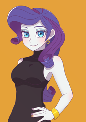 Size: 2894x4093 | Tagged: safe, artist:haibaratomoe, imported from derpibooru, rarity, equestria girls, bracelet, ear piercing, earring, eyebrows, eyebrows visible through hair, female, hand on hip, high res, jewelry, looking at you, nail polish, orange background, piercing, simple background, sleeveless, smiling, smiling at you, solo