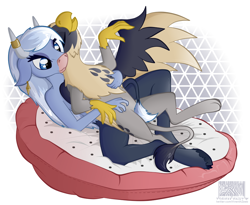 Size: 924x757 | Tagged: safe, artist:virenth, imported from derpibooru, oc, oc only, oc:hester, oc:nova, griffon, minotaur, bellyrubs, female, floor pillow, horn, horn ring, looking pleasured, ring